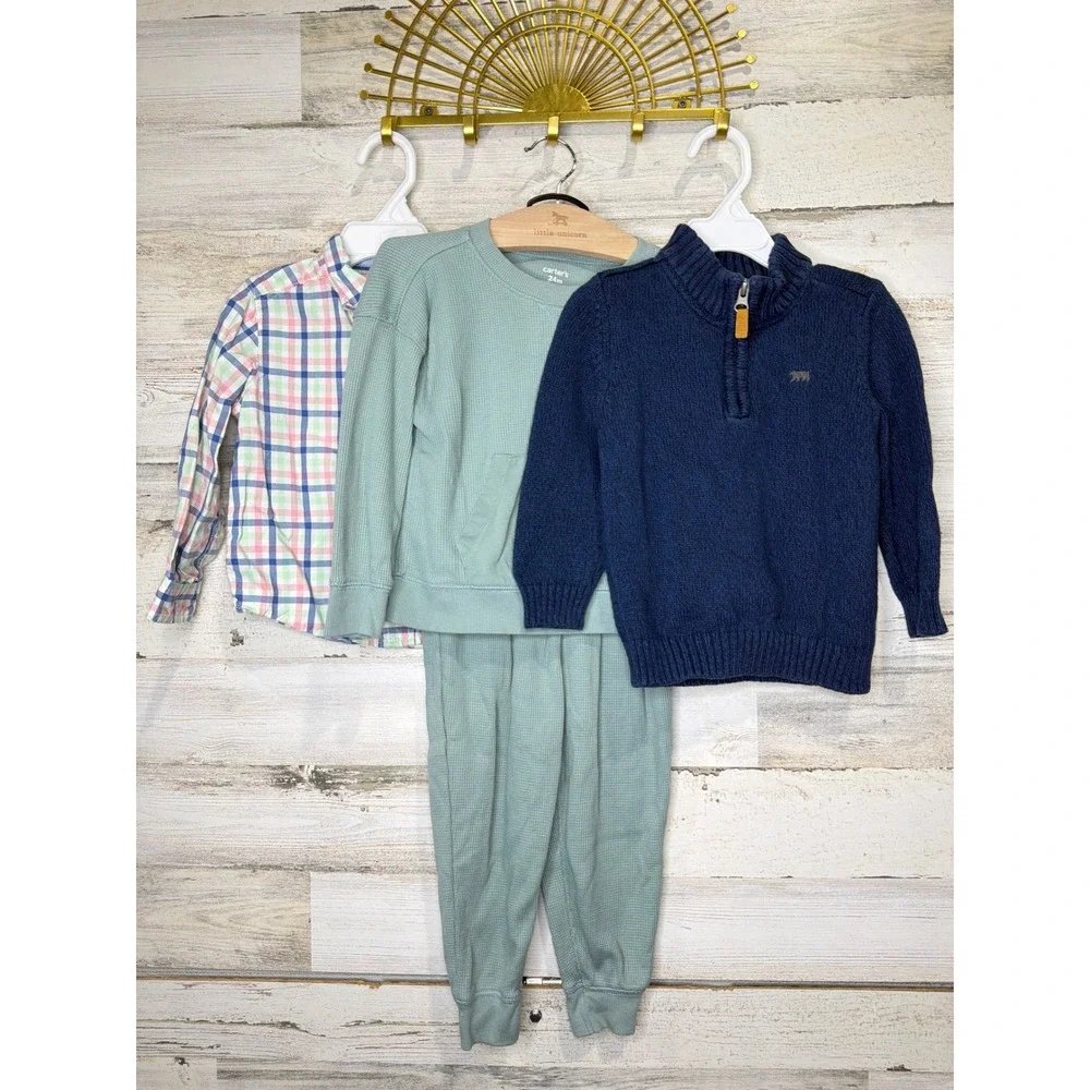 Carter's Bundle Boys 24M Blue Green Plaid Sweater Waffle Set Preppy EUC